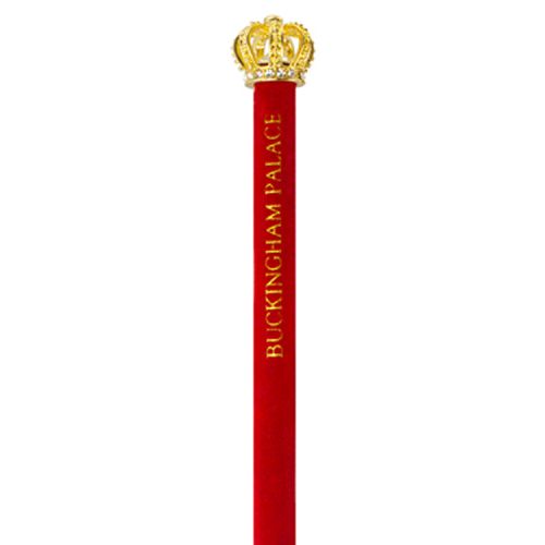 red velvet pencil topped with a gold coloured crown and printed with the words 'Buckingham Palace'