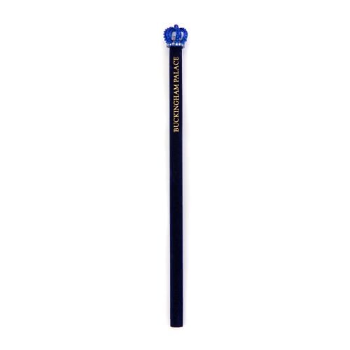 Navy velvet pencil with blue crown topper. Stamped with gold text 'Buckingham Palace'. 