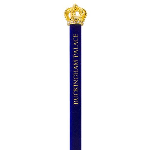 navy velvet pencil topped with a gold coloured crown and printed with the words 'Buckingham Palace'