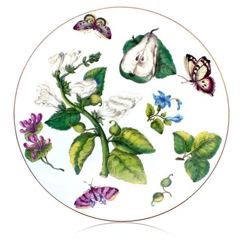 Circular table mat depicting design of leaves, flowers, pears and butterflies