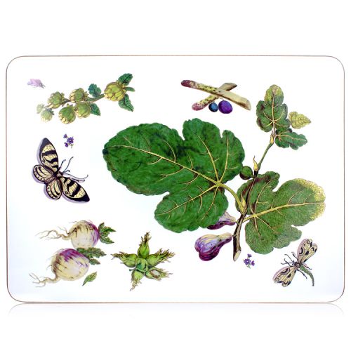 A serving mat with leaf, butterfly and turnip design