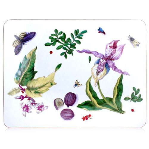Serving mat displaying a design of leaves, butterflies and vegetables
