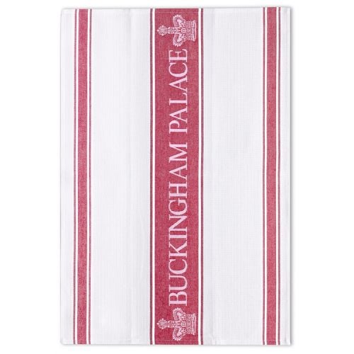 White waffle tea towel with red stripes. Middle red stripe has 'Buckingham Palace' written in white and crowns either side. 