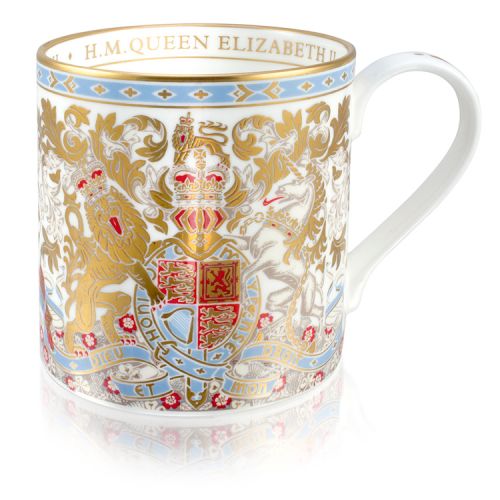 This mug design is the lion and unicorn crest in gold, red and light blue