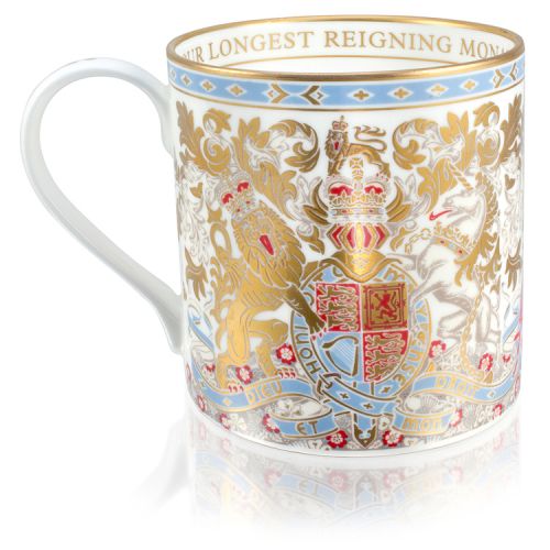 This mug design is the lion and unicorn crest in gold, red and light blue