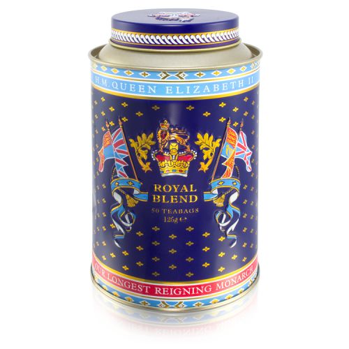 Round tin with the lion and unicorn design at the centre. The lid and edges of the tea caddy are in a gold, purple and light blue design