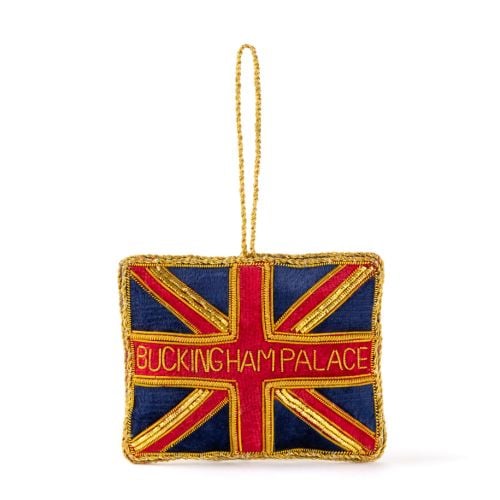 union jack flag Christmas decoration embroidered with gold threads and beads. 'Buckingham Palace' has been embroidered in the centre in gold beads