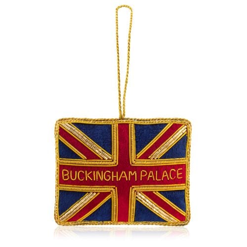 union jack flag Christmas decoration embroidered with gold threads and beads. 'Buckingham Palace' has been embroidered in the centre in gold beads