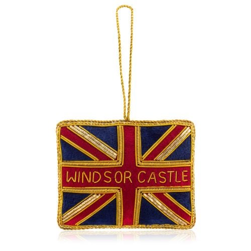 Union Jack deocration. Gold thread and gold beads instead of white. Gold thread for hanging.