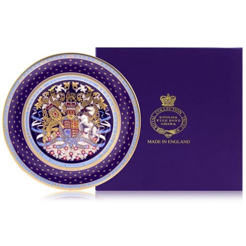 Side plate with a purple, gold and light blue design. With a lion and unicorn crest at the centre of the slide plate.