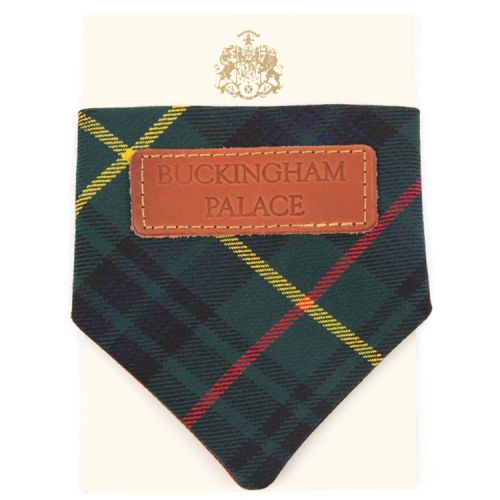 Green tartan patterned bandana with brown leather label. 