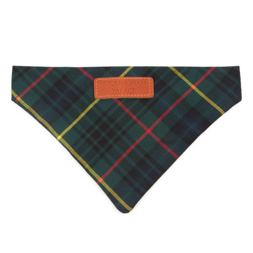 Green tartan patterned bandana with brown leather label. 