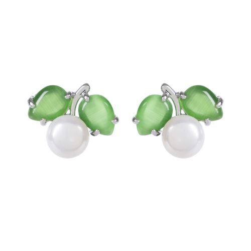 Two earrings with round freshwater pearls elegantly framed by two hand-carved leaves, set into a sterling silver stem.  