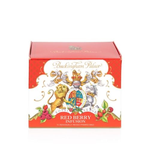 red and white cardboard box of Red Berry infusion teabags with a detail image of the crest on the front