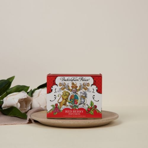 red and white cardboard box of Red Berry infusion teabags with a detail image of the crest on the front