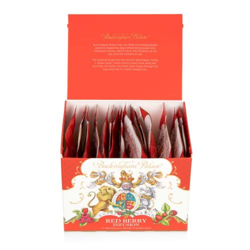 open box of red and white cardboard box of Red Berry infusion teabags with a detail image of the crest on the front displaying individual packets of teabags