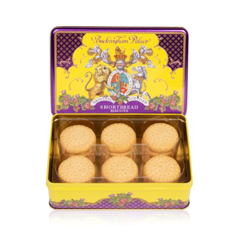 Open purple and yellow tin of shortbread biscuits. The lid features the lion and unicorn crest