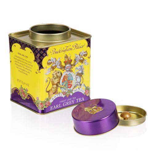 Purple and yellow cube Earl grey tea tin with the crest at the centre of the tin