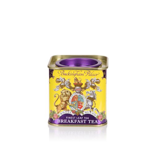 Small tin Breakfast Tea tea caddy with a purple and yellow design and a lion and unicorn crest at the centre of the design