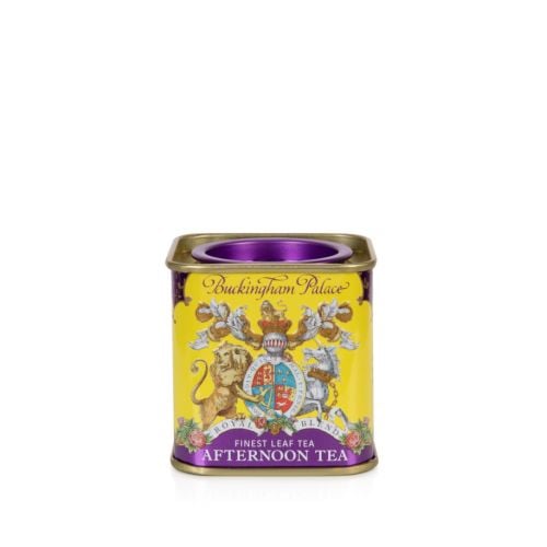 Small tin Afternoon Tea tea caddy with a purple and yellow design and a lion and unicorn crest at the centre of the design