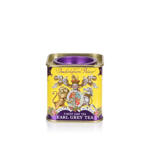 Small tin Earl Grey Tea tea caddy with a purple and yellow design and a lion and unicorn crest at the centre of the design