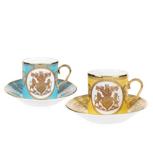 Turquoise coffee cup and yellow coffee cup with Hanoverian coat of arms in 22 carat gold and gold handles 