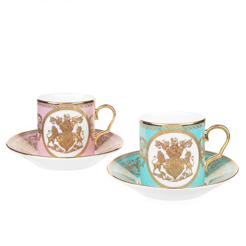 Pink coffee cup and green coffee cup with Hanoverian coat of arms in 22 carat gold and gold handles 