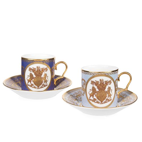 Pale blue coffee cup and purple coffee cup with Hanoverian coat of arms in 22 carat gold and gold handles 