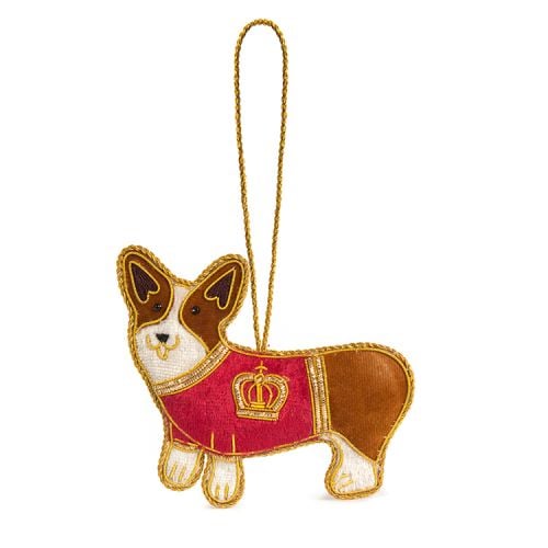 corgi Christmas decoration wearing a red coat and gold crown