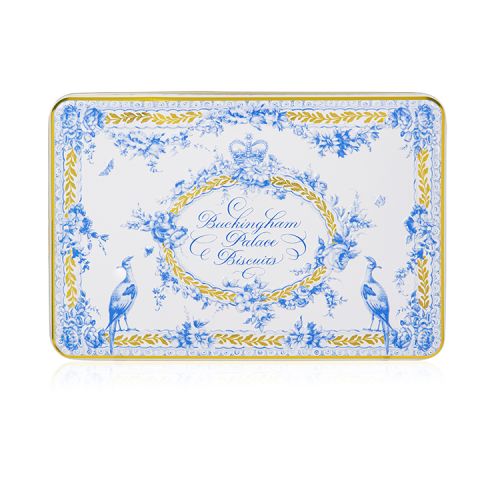 Open rectangular tin of shortbread biscuits.  A white tin with a blue and gold floral garland and bird design