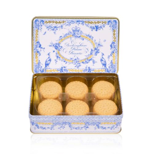 Open rectangular tin of shortbread biscuits.  A white tin with a blue and gold floral garland and bird design