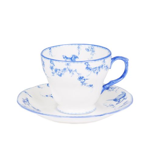 White coffee cup and saucer with a floral garland and bird design