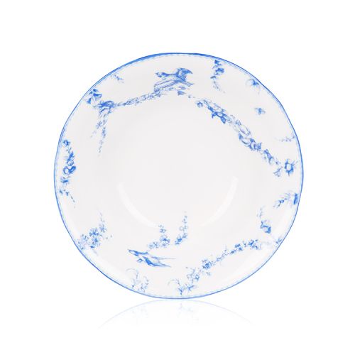 Aerial view of the Royal Birdsong bowl. A white bowl with a blue pattern of flower garlands and birds
