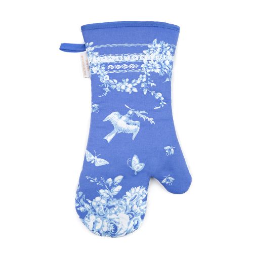 blue oven glove with a white floral garland and bird design