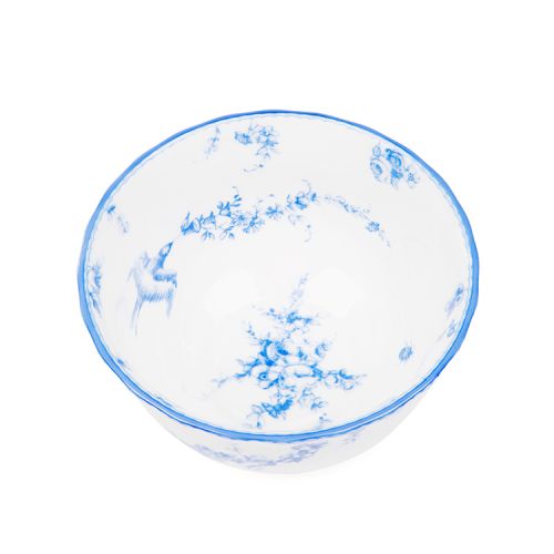 A white dipping bowl with blue floral garland and bird design.
