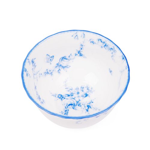 A white dipping bowl with blue floral garland and bird design.