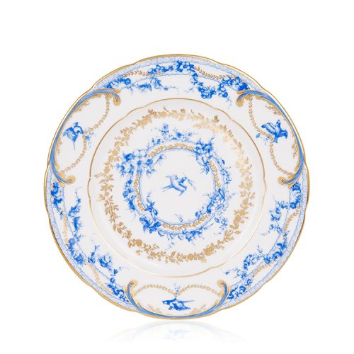 White side plate with a blue floral garland and bird design and finished with gold detail and gold edge of the side plate