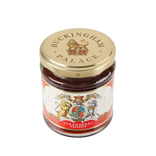 glass jar of strawberry jam with a Buckingham Palace royal crest label round the jar