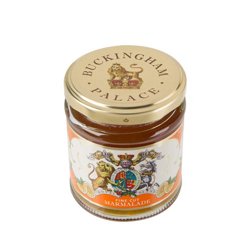 glass jar of fine cut marmalade with a Buckingham Palace royal crest label round the jar
