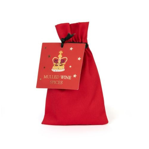 Red bag with swing tag. Tag has a crown illustration and 'Mulled Wine Spices' written on it.
