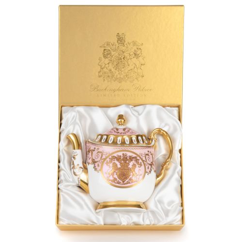 Limited edition pink, white and gold coffee pot. The handle, base, and spout are all finished with 22 carat gold. As is the gold crest at the centre of the coffee pot