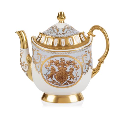 Limited edition pale blue, white and gold coffee pot. The handle, base, and spout are all finished with 22 carat gold. As is the gold crest at the centre of the coffee pot