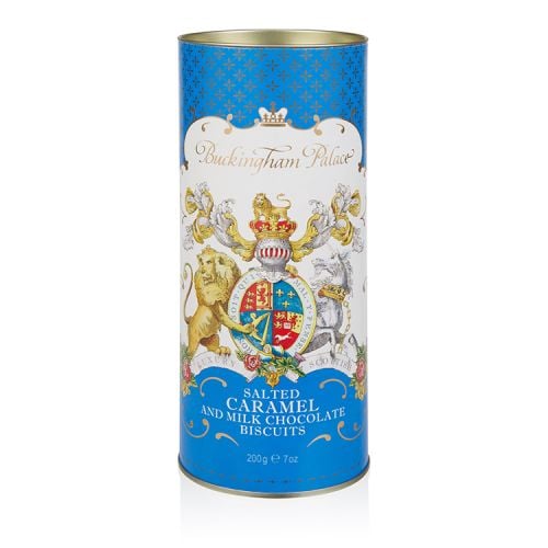 Blue cardboard tube of salted caramel and milk chocolate biscuits. The lion and unicorn crest is at the centre of the design underneath the words 'Buckingham Palace'