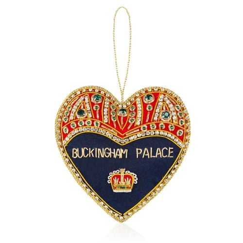 navy and red heart decoration with gold beading of 'Buckingham Palace' and other gold bead decoration