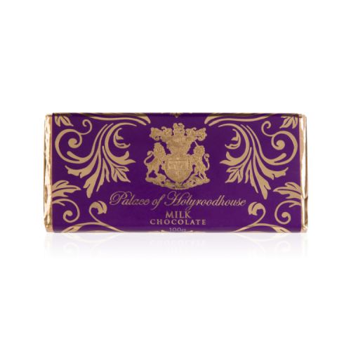 milk chocolate bar wrapped in a purple and gold wrapper printed with Palace of Holyroodhouse