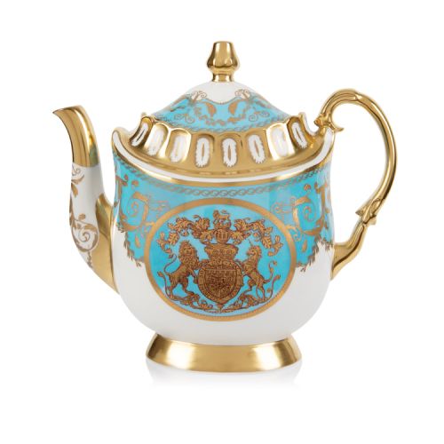 Limited edition turquoise, white and gold coffee pot. The handle, base, and spout are all finished with 22 carat gold. As is the gold crest at the centre of the coffee pot