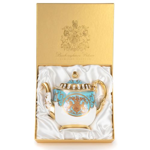 Limited edition turquoise, white and gold coffee pot. The handle, base, and spout are all finished with 22 carat gold. As is the gold crest at the centre of the coffee pot