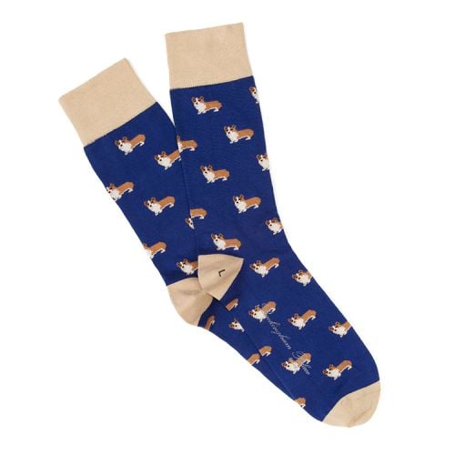 Blue socks with corgi repeat patter. Beige accents on heels and toes. 