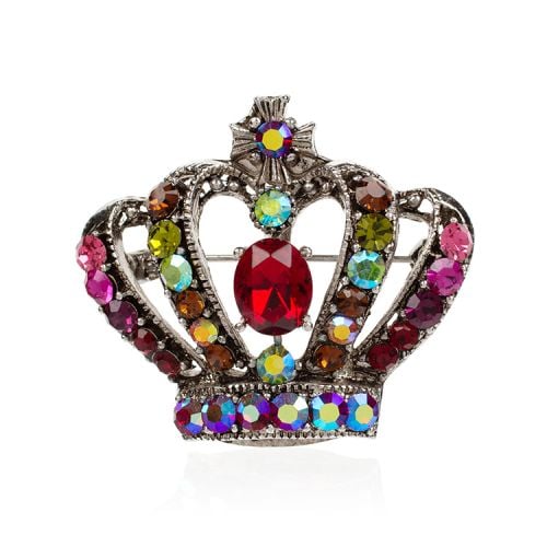 Red crystal crown brooch featuring a larger faux red crystal at the centre.