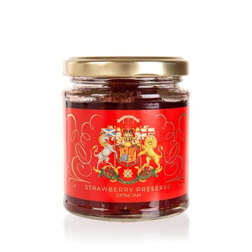 Glass jar with red label featuring Scottish coat of arms